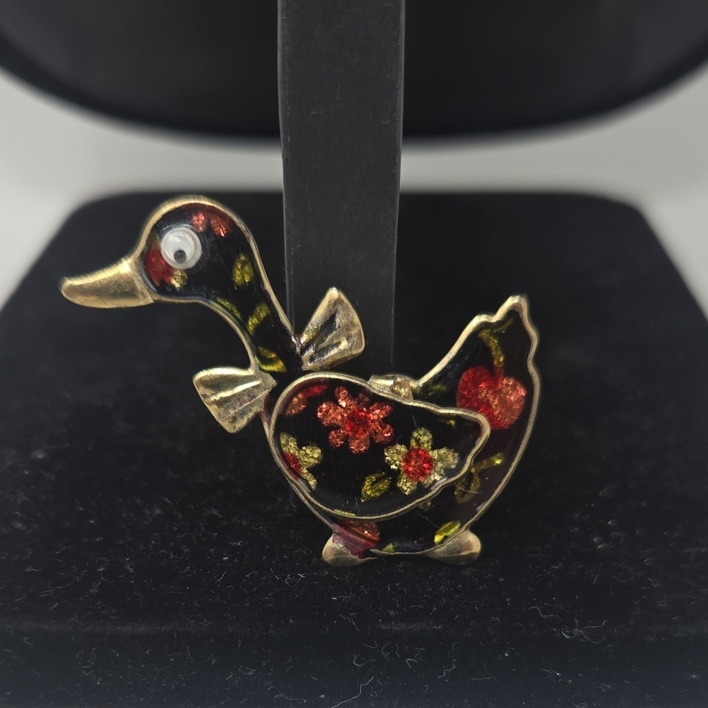 Vintage Goose Wearing a Tie Enamel Confetti Pin Brooch with Googly Eye